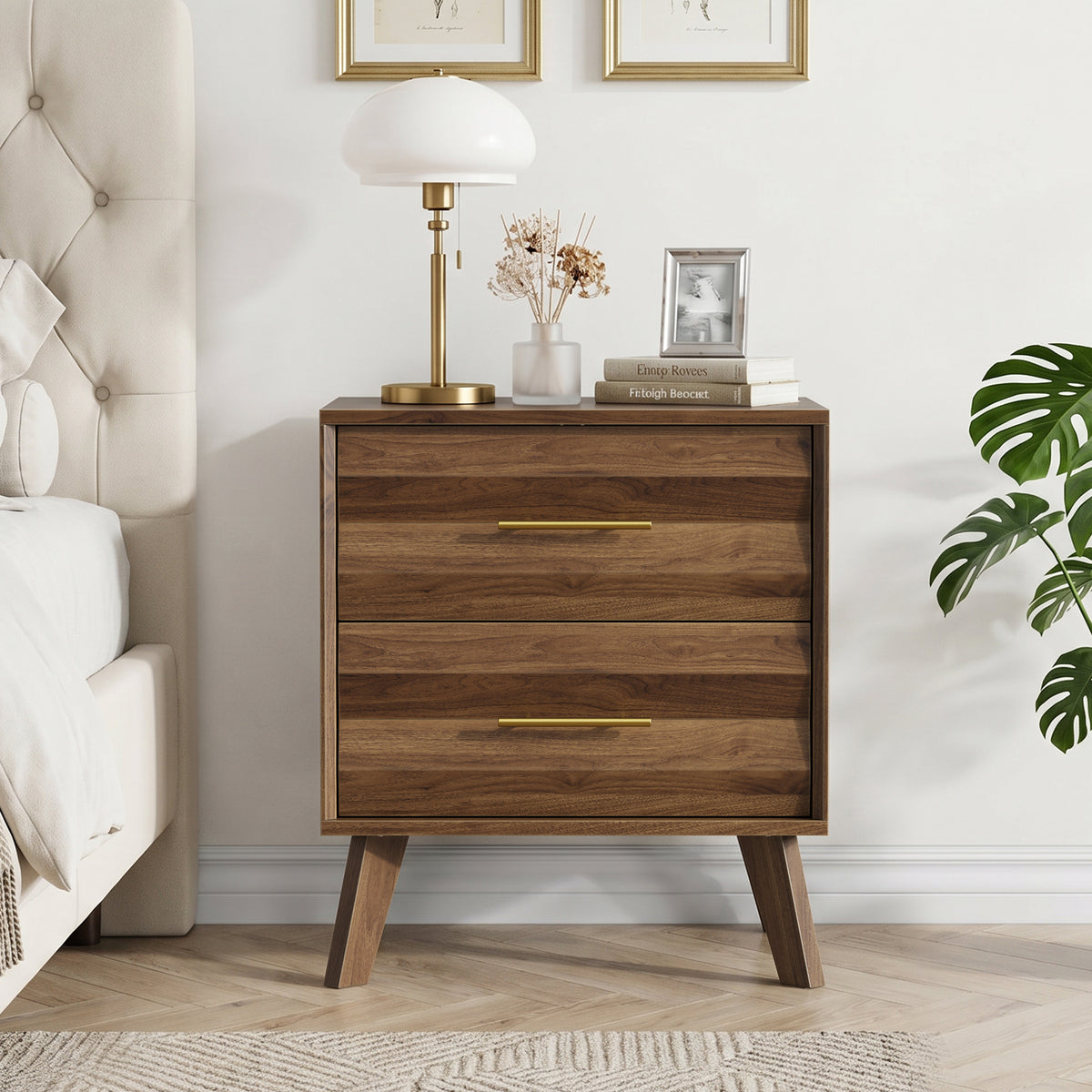 Walnut-Colored Double Drawer Bedside Table, Medieval-Style Modern Bedroom Bedside Storage Cabinet, Bedside Table with Metal Handles, Single Unit