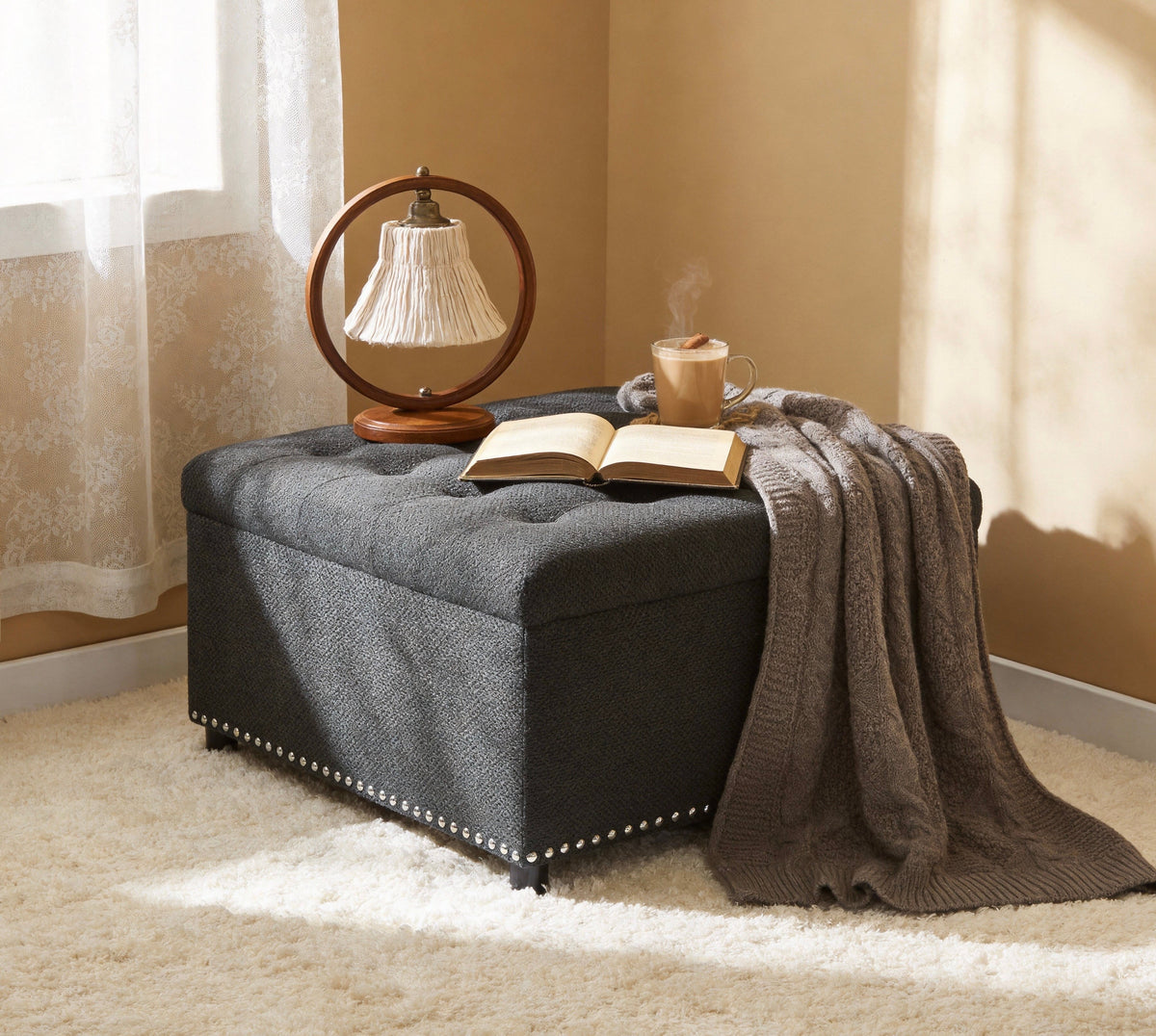 Dark grey storage ottoman detail