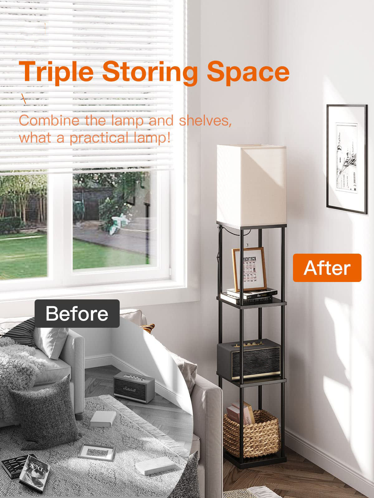 Floor Lamp Free Standing Wood 3-Tier Storage Shelf Reading Bedroom Living Room