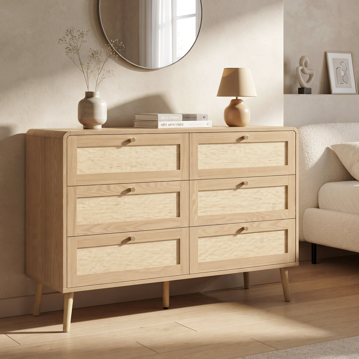 6 Drawer Chest of Drawers, 120Cm Wide Rattan-Effect Dresser with Natural Wood Finish, Spacious Bedroom Storage Cabinet with Rounded Corners & Raised Legs, Natural Oak