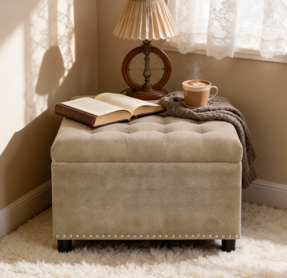Square Storage Ottoman, Small Space Furniture, Home Decor,Camel