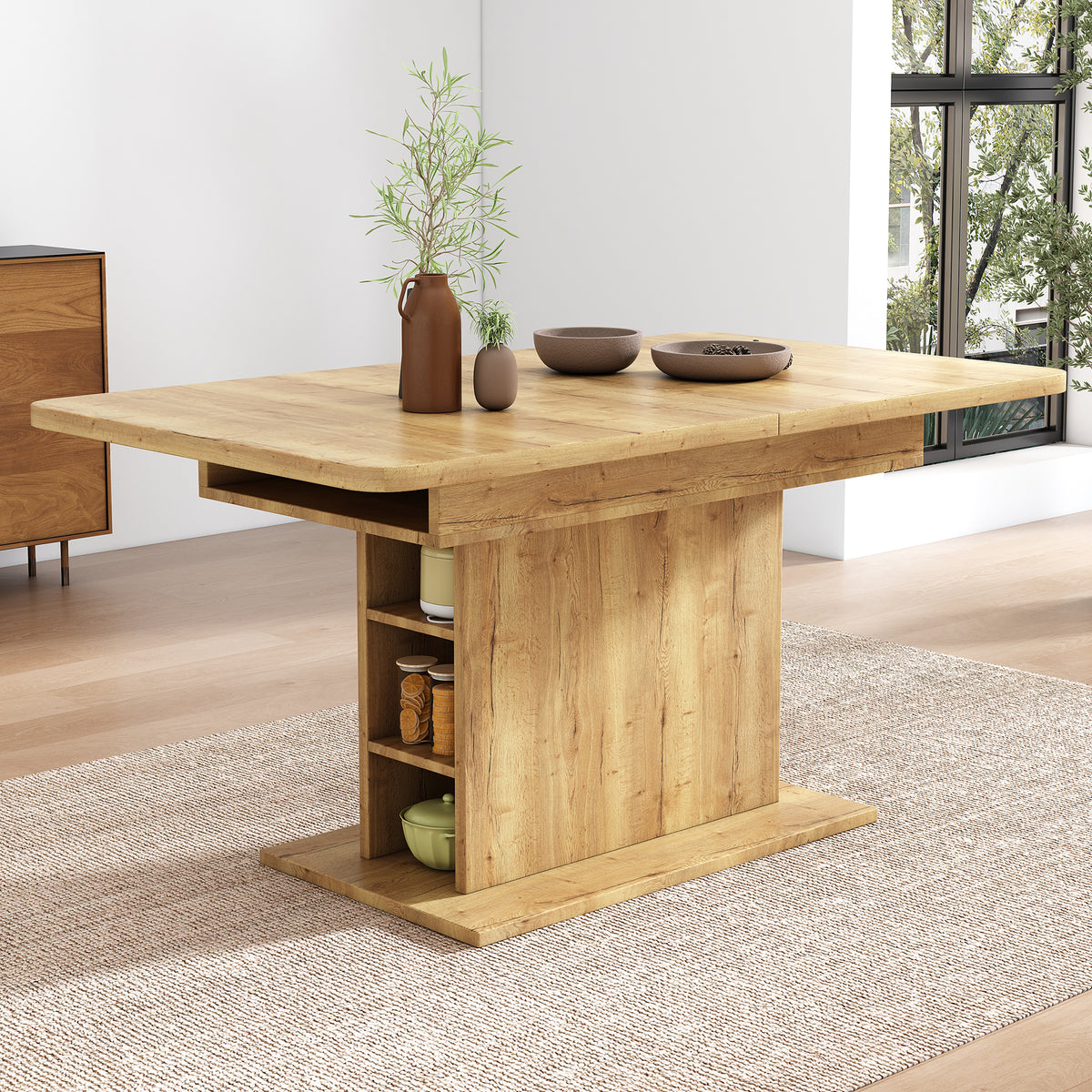 Extendable Dining Table, Dining Table with Storage, Rectangular Dining Table, Coffee Leisure Table, Modern Simple Iron Dining Table, Space-Saving Multifunctional Dining Table, Oak
