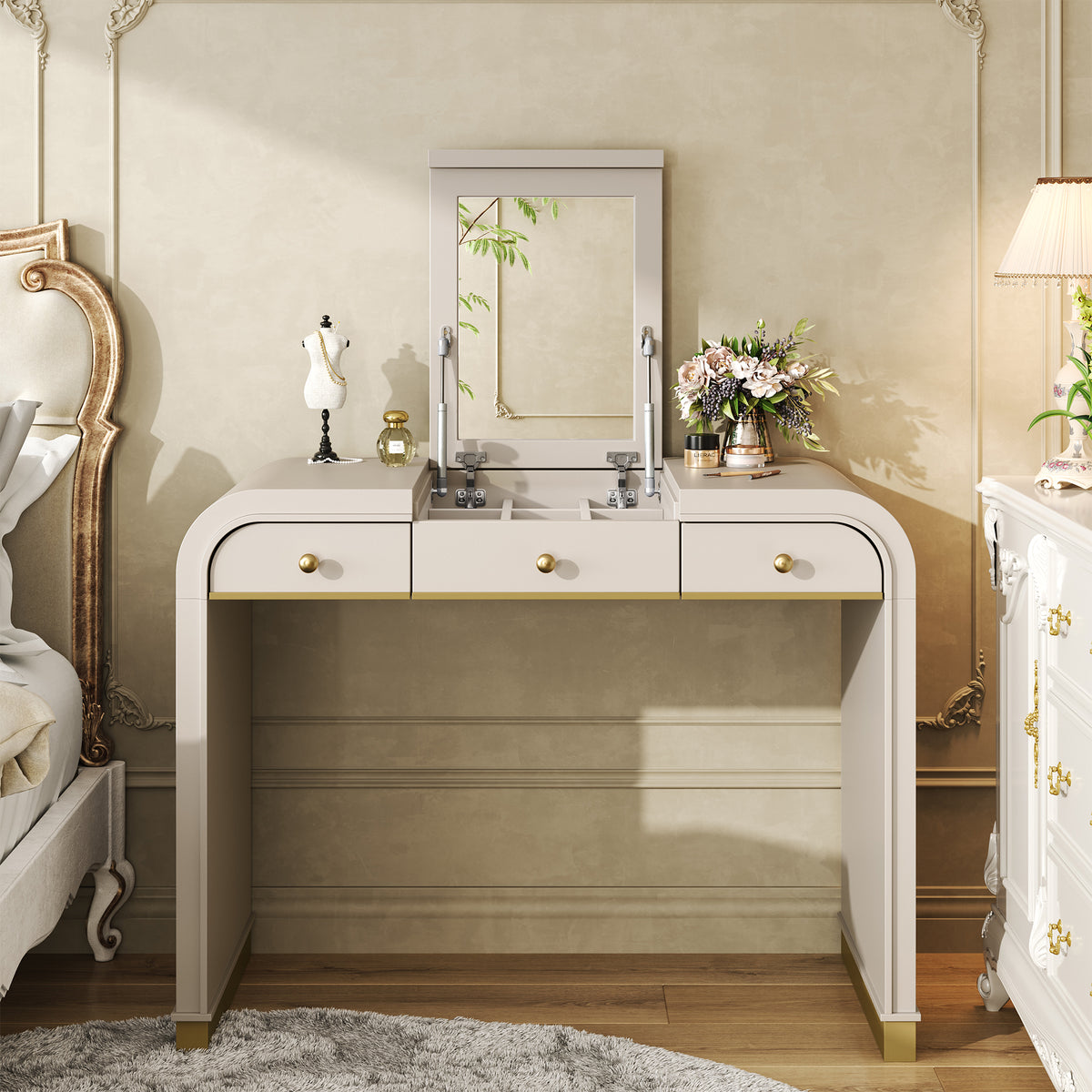Classic Wood Vanity Desk with Flip Mirror, 3-In-1 Dressing Table with 2 Drawers and Storage Space for Bedroom, Champagne