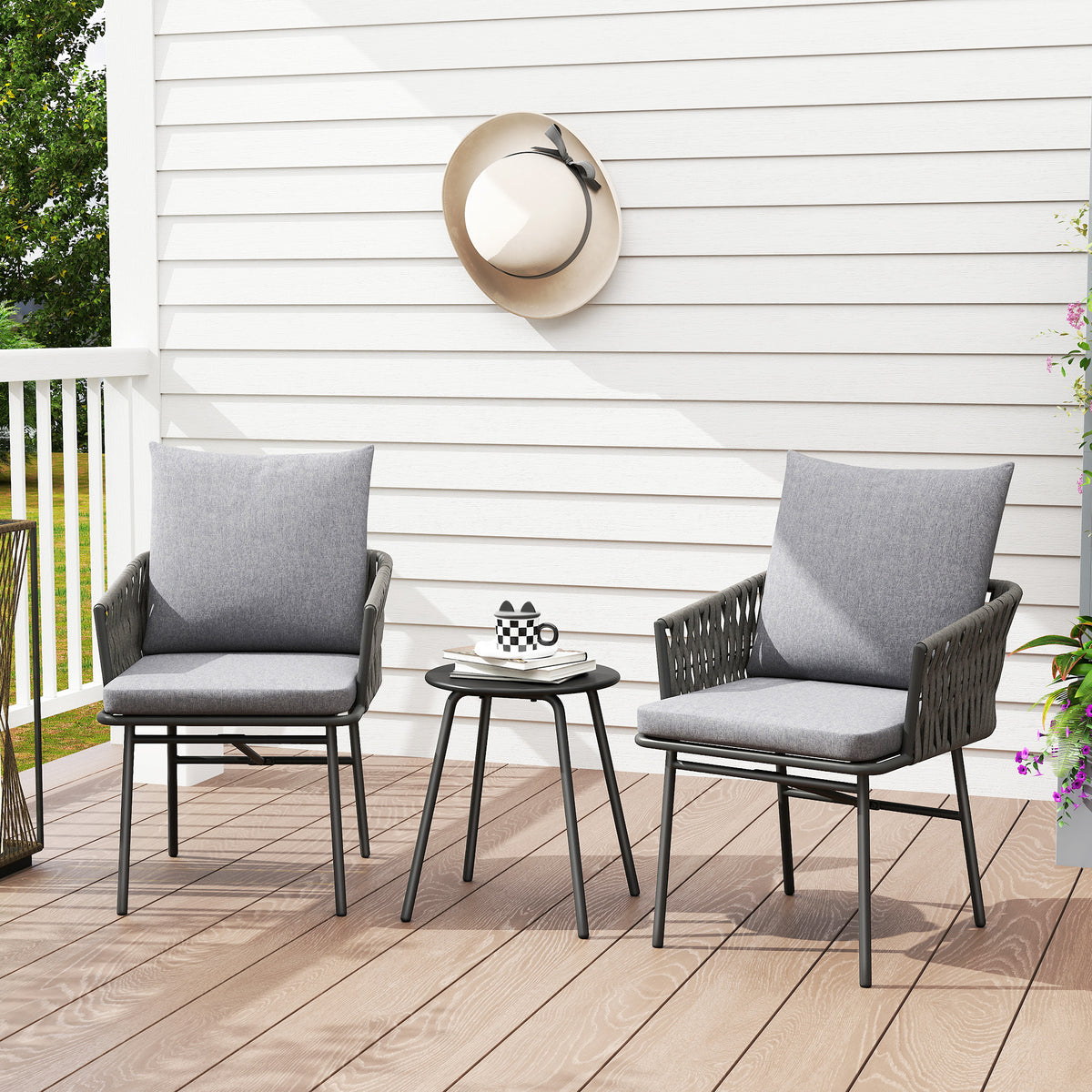 3-Piece Rattan Bistro Set, Garden Table and Chairs with 4 Cushions, Patio Rattan Conversation Furniture Set for Balcony, Porch, Terrace, Grey