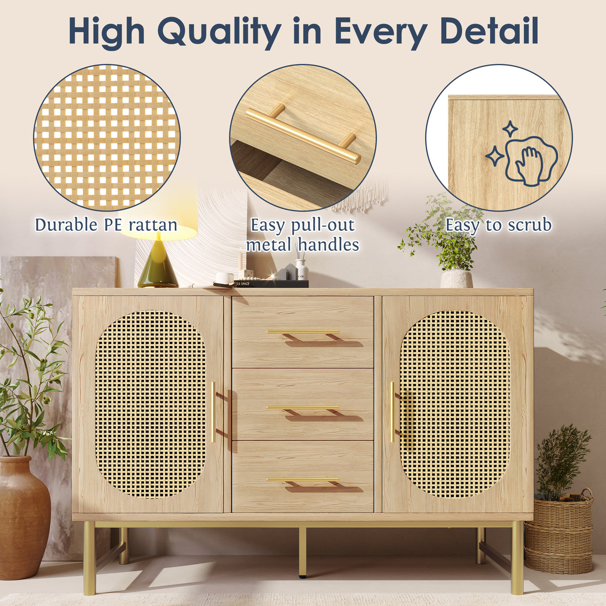 Rattan Sideboard Storage Cabinet with 2 Doors 3 Drawers, Storage Cabinet for Living Room, Bedroom, and Hallway, Metal Handles, Adjustable Shelves, Anti-Tip, 120 X 40 X 74 Cm, Oak