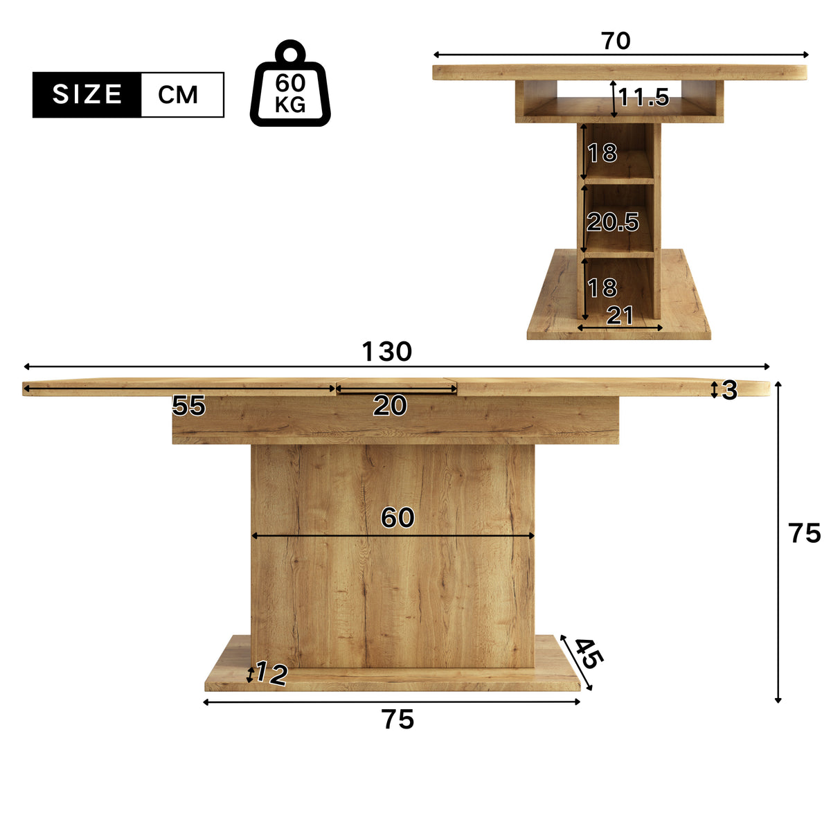Extendable Dining Table, Dining Table with Storage, Rectangular Dining Table, Coffee Leisure Table, Modern Simple Iron Dining Table, Space-Saving Multifunctional Dining Table, Oak