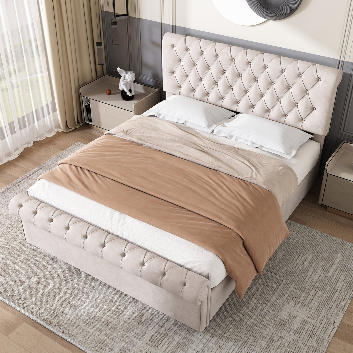 Upholstered Double Bed 4Ft6,135X190 , Luxurious Velvet Button-Tufted Sleigh Bed Storage, Functional Bed with Slatted Frame and Storage, Beige