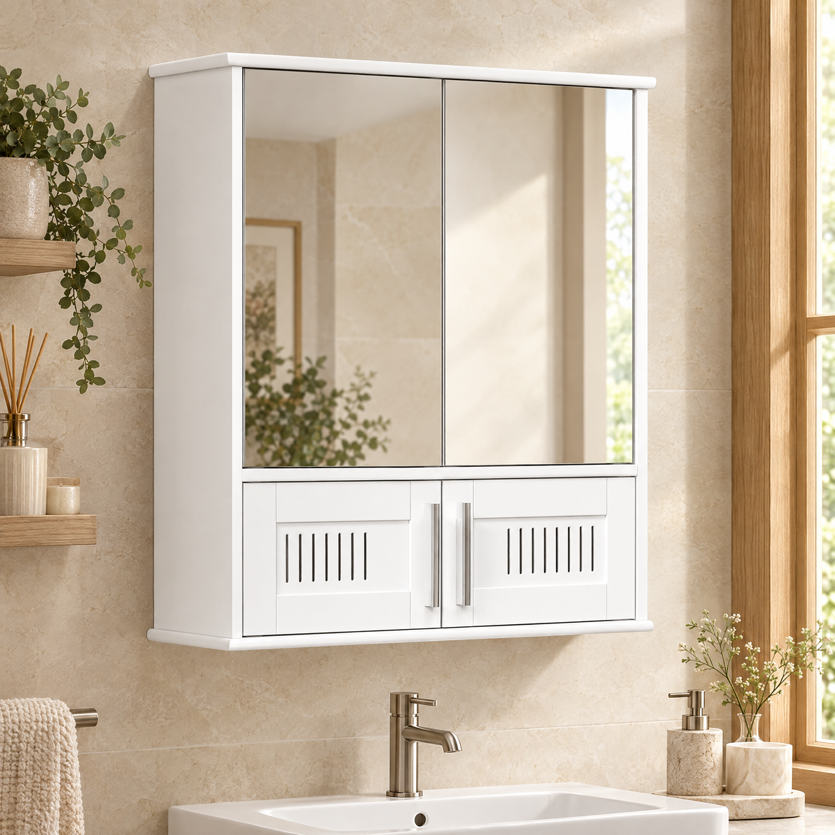 White Double-Door Bathroom Mirror Cabinet – Rovenmere