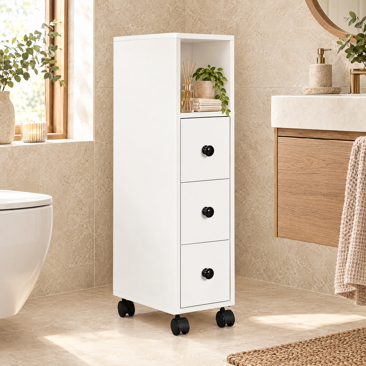 White Slimline Bathroom Storage Cabinet – Rovenmere