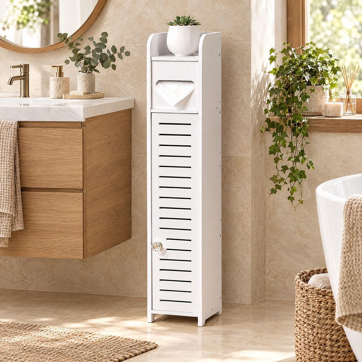 Tall White Slimline Bathroom Cabinet – Rovenmere