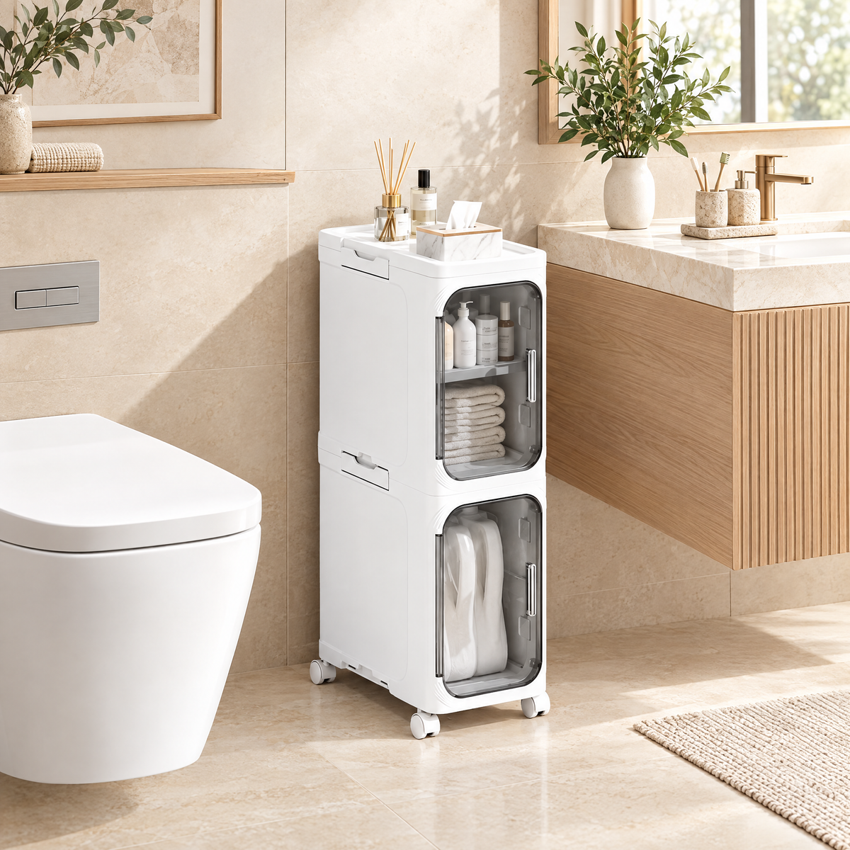 White Slimline Two-Tier Storage Cabinet – Rovenmere
