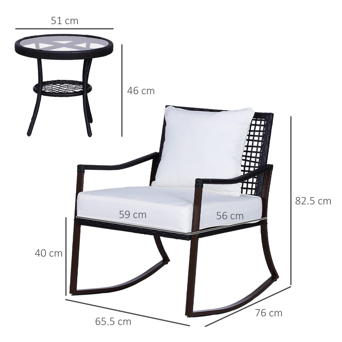 Rattan Bistro Set, 3 Pieces Wicker Garden Furniture Set with Rocking Chairs and round Glass Top Coffee Table, Small Balcony Furniture with Cushions for Outdoor, Porch, Brown
