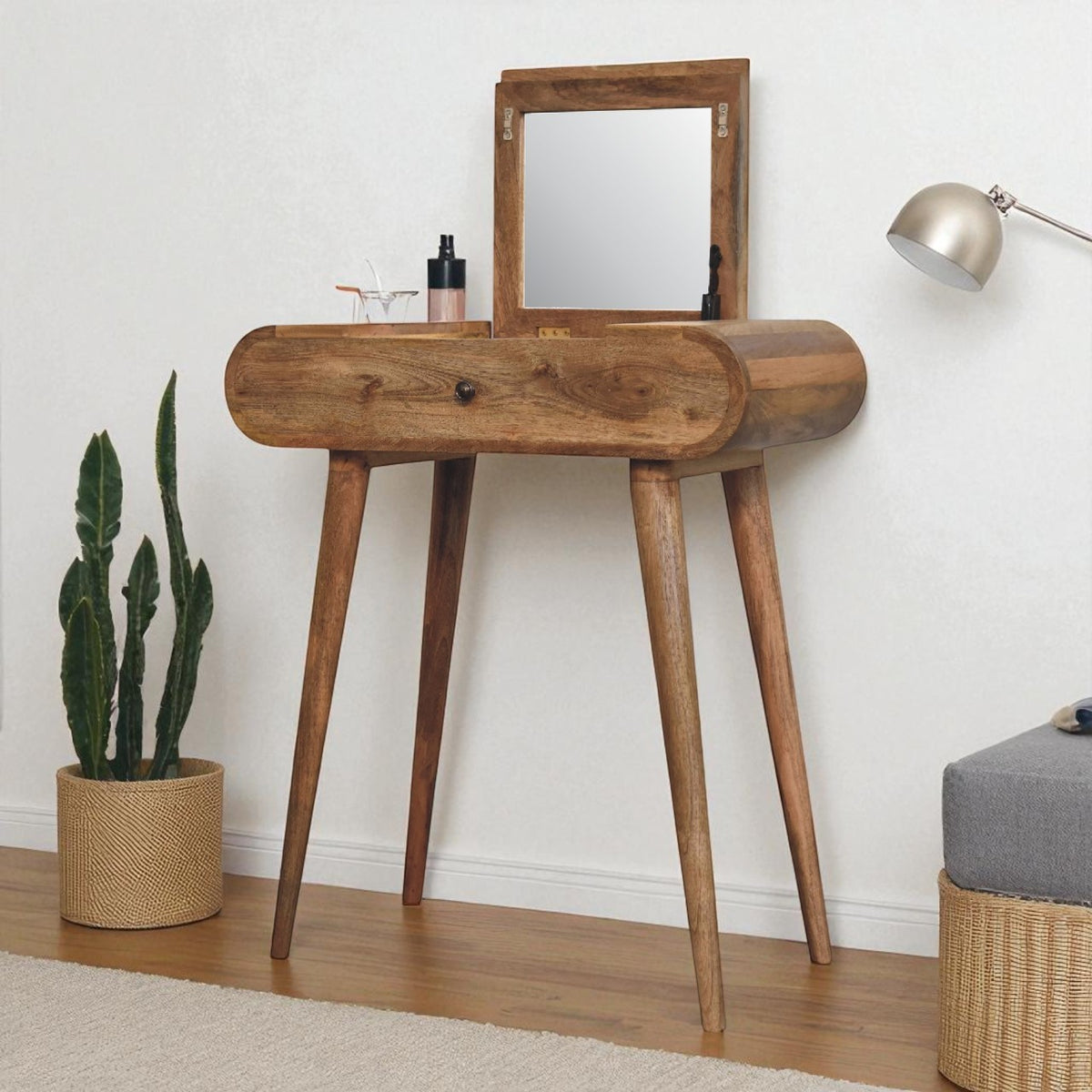 Solid Wood Mini round Dressing Table, 1 Drawer with Storage Compartments, Nordic Legs, Oak-Ish, Brown