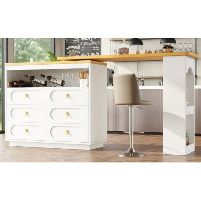 360 Rotating Bar Table Main Body 137 X 39 X 90 Cm, Coffee Bar Furniture, Rotating Dining Bar with Storage, Kitchen Island, with Spice Rack, Six Drawers, Open Storage Space, White