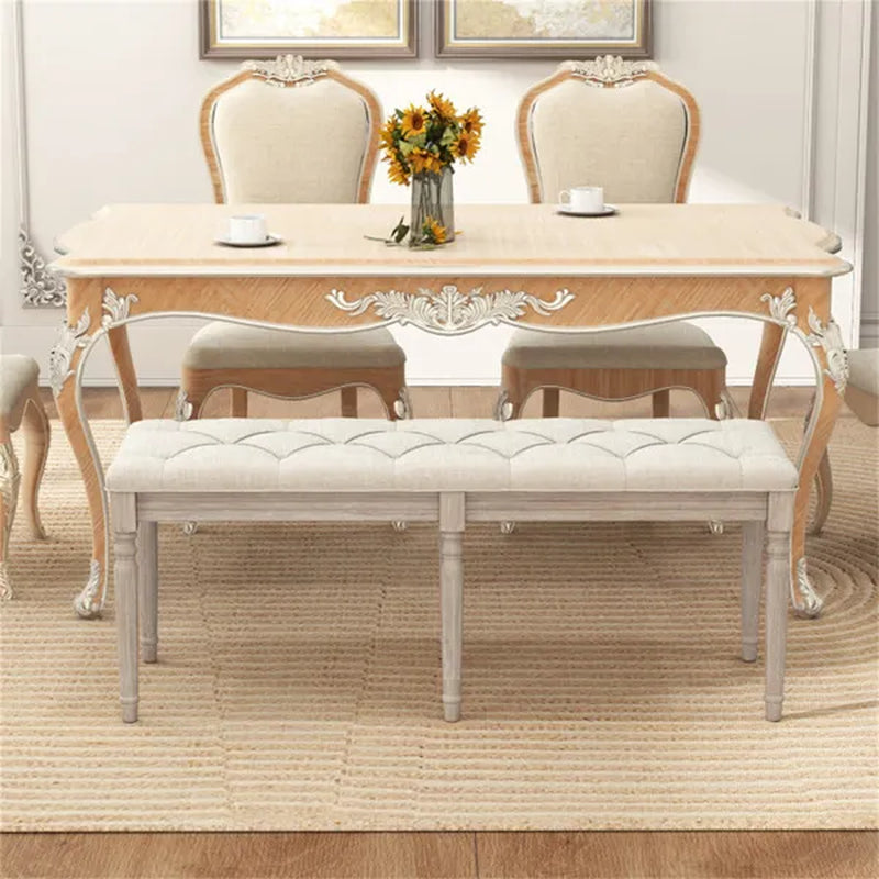 Beige 47.5" Rubber Wood Upholstered Bench with Button-Tufted Seat, 440 Lbs Capacity Retro Entryway Bedroom Bench