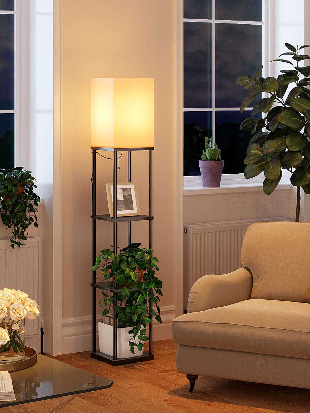 Floor Lamp Free Standing Wood 3-Tier Storage Shelf Reading Bedroom Living Room