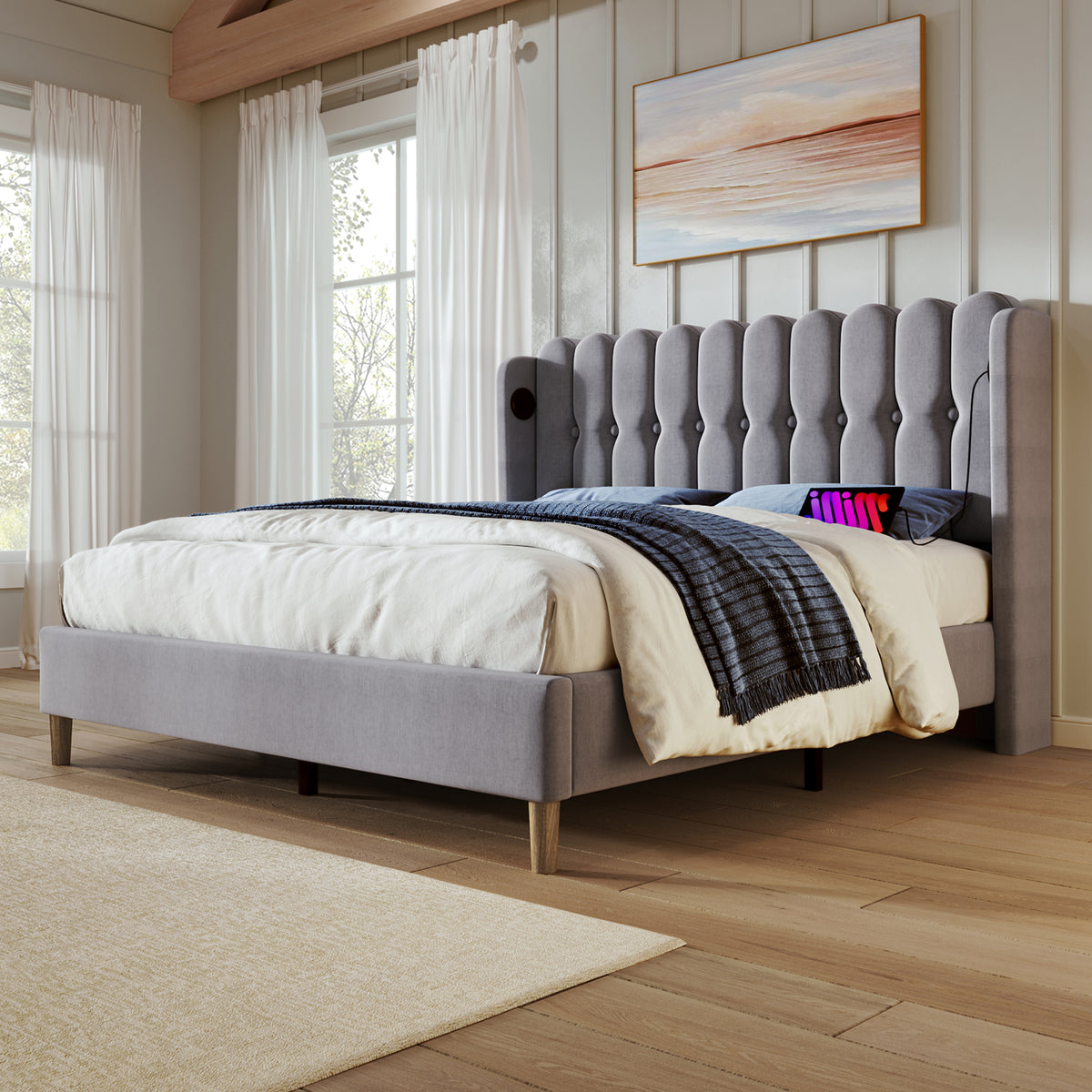 Upholstered Double Bed with USB and Type-C Charging, Bed Frame with Wooden Slatted Frame, Teenager Bed for Bedroom & Guest Room,4Ft6 135 X 190 Cm Bed Frame, Grey, Linen Material