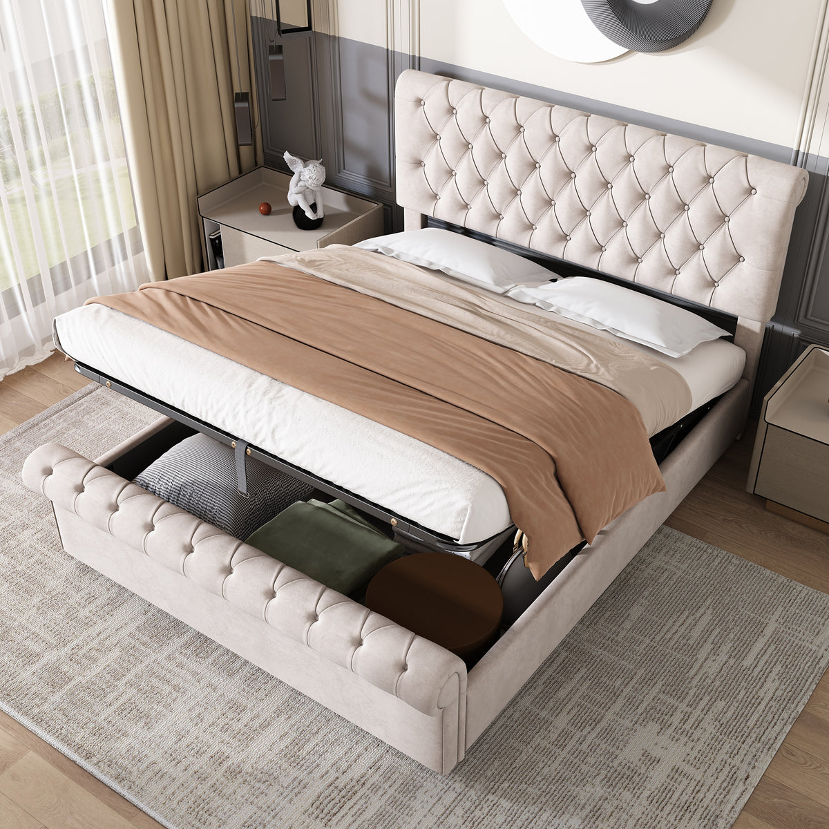 Upholstered Double Bed 4Ft6,135X190 , Luxurious Velvet Button-Tufted Sleigh Bed Storage, Functional Bed with Slatted Frame and Storage, Beige