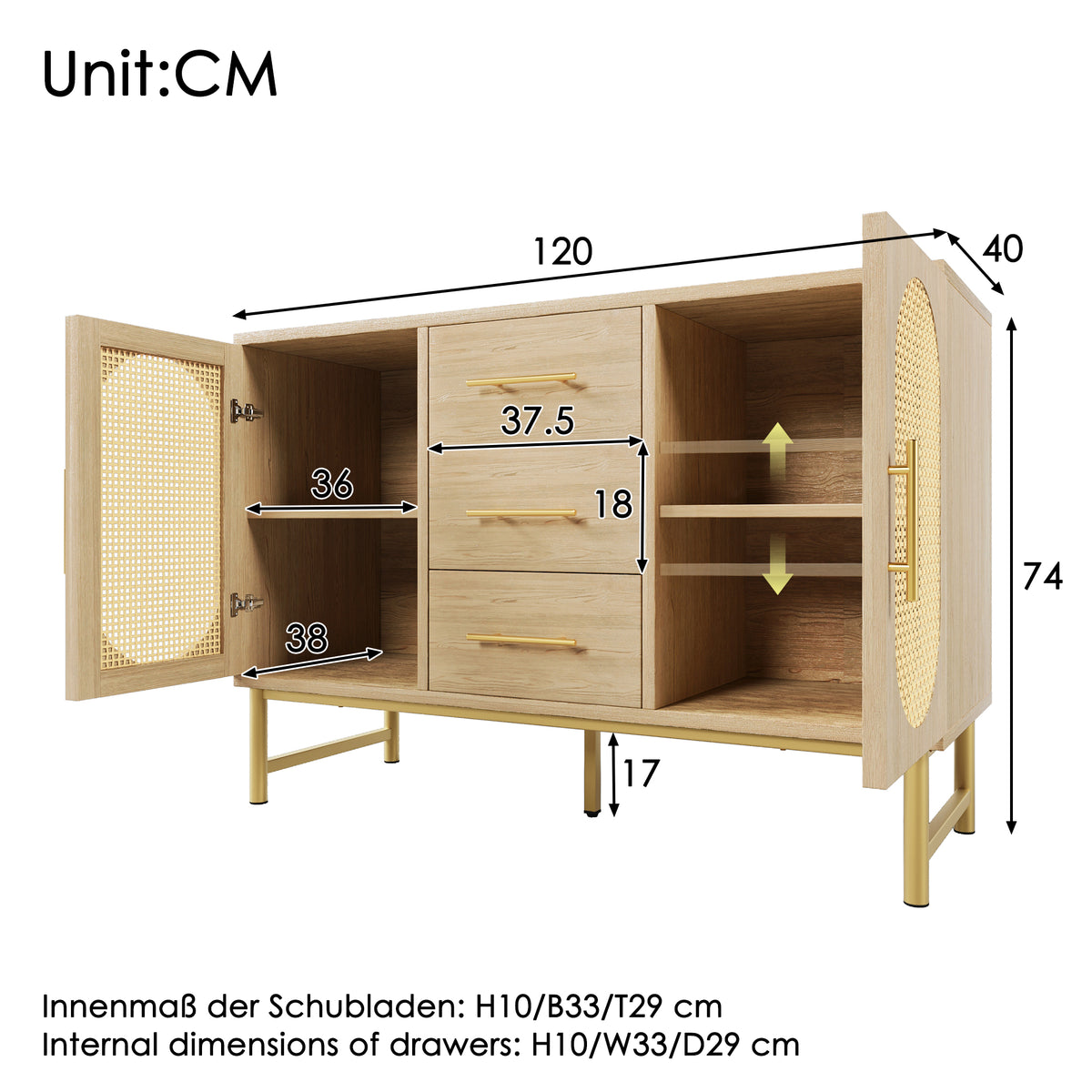 Rattan Sideboard Storage Cabinet with 2 Doors 3 Drawers, Storage Cabinet for Living Room, Bedroom, and Hallway, Metal Handles, Adjustable Shelves, Anti-Tip, 120 X 40 X 74 Cm, Oak