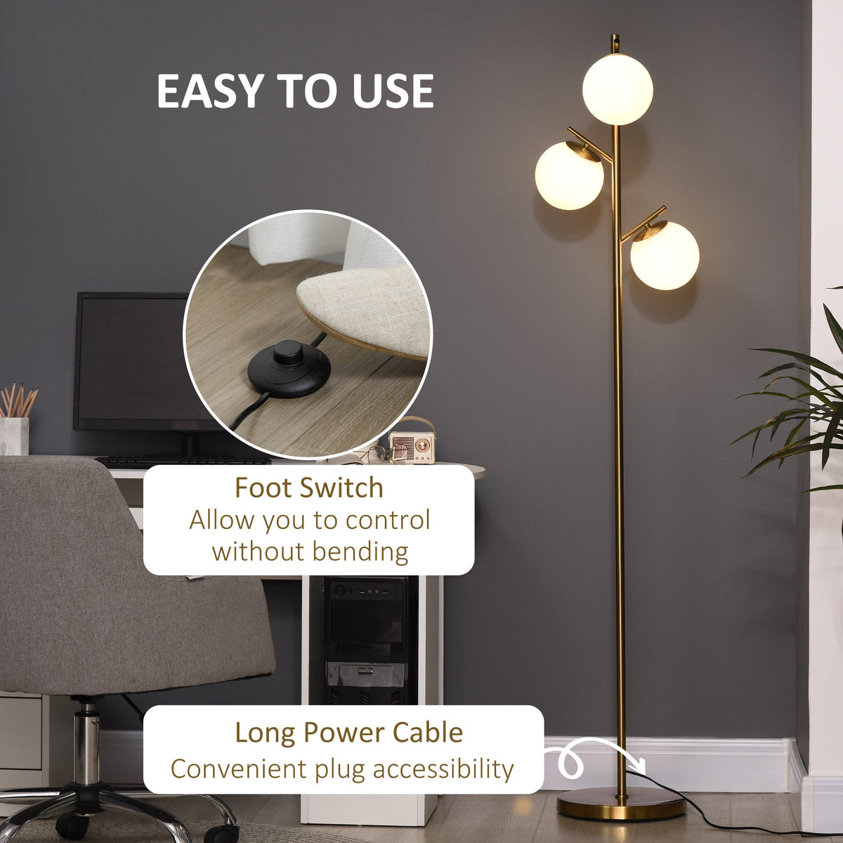 Gold three-globe floor lamp detail