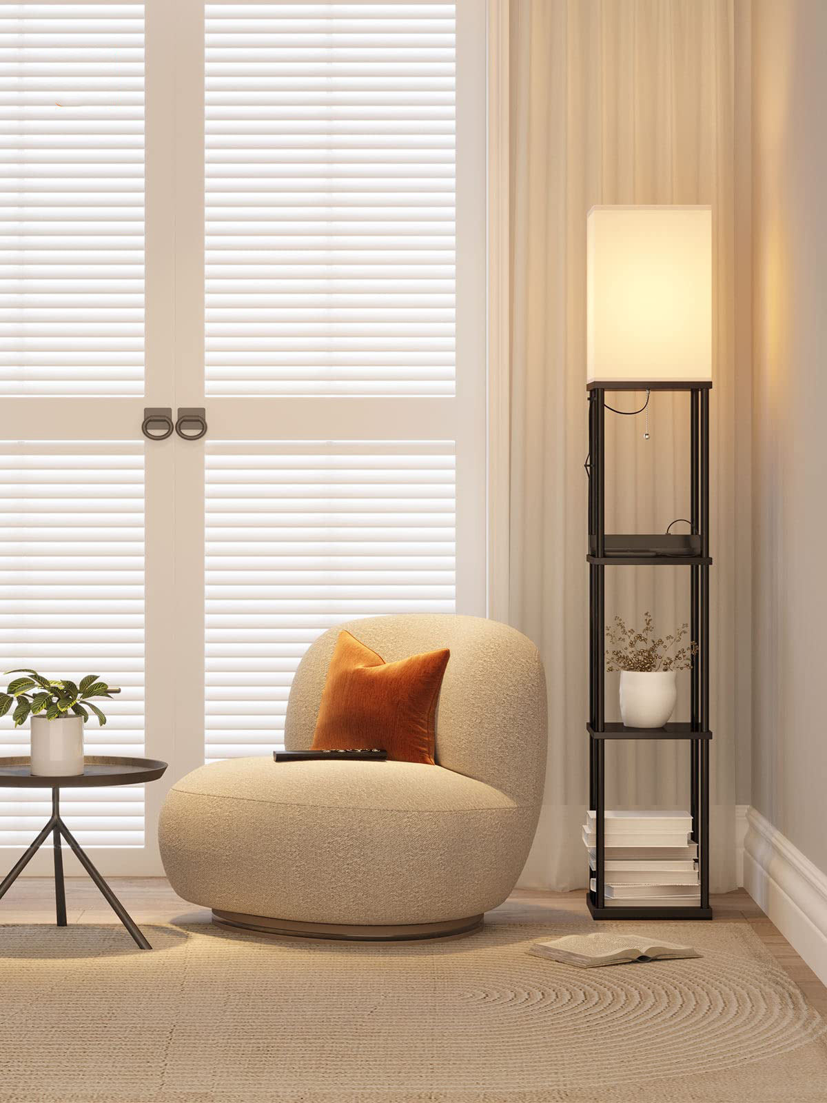Floor Lamp Free Standing Wood 3-Tier Storage Shelf Reading Bedroom Living Room