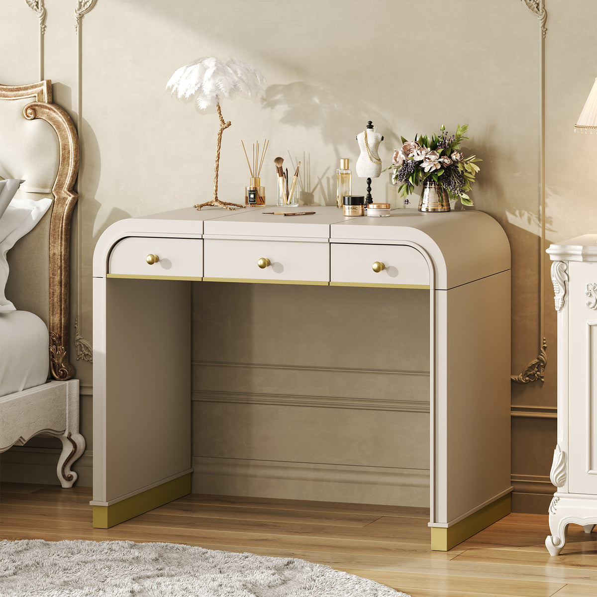 Classic Wood Vanity Desk with Flip Mirror, 3-In-1 Dressing Table with 2 Drawers and Storage Space for Bedroom, Champagne