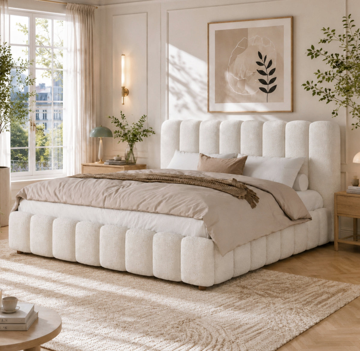 Upholstered Bed, Super King Size Bed, 6Ft-180X200Cm, Hydraulic Functional Bed, Bed with Slatted Frame, Headboard and Large Storage Space, Padded Headboard, White Boucled