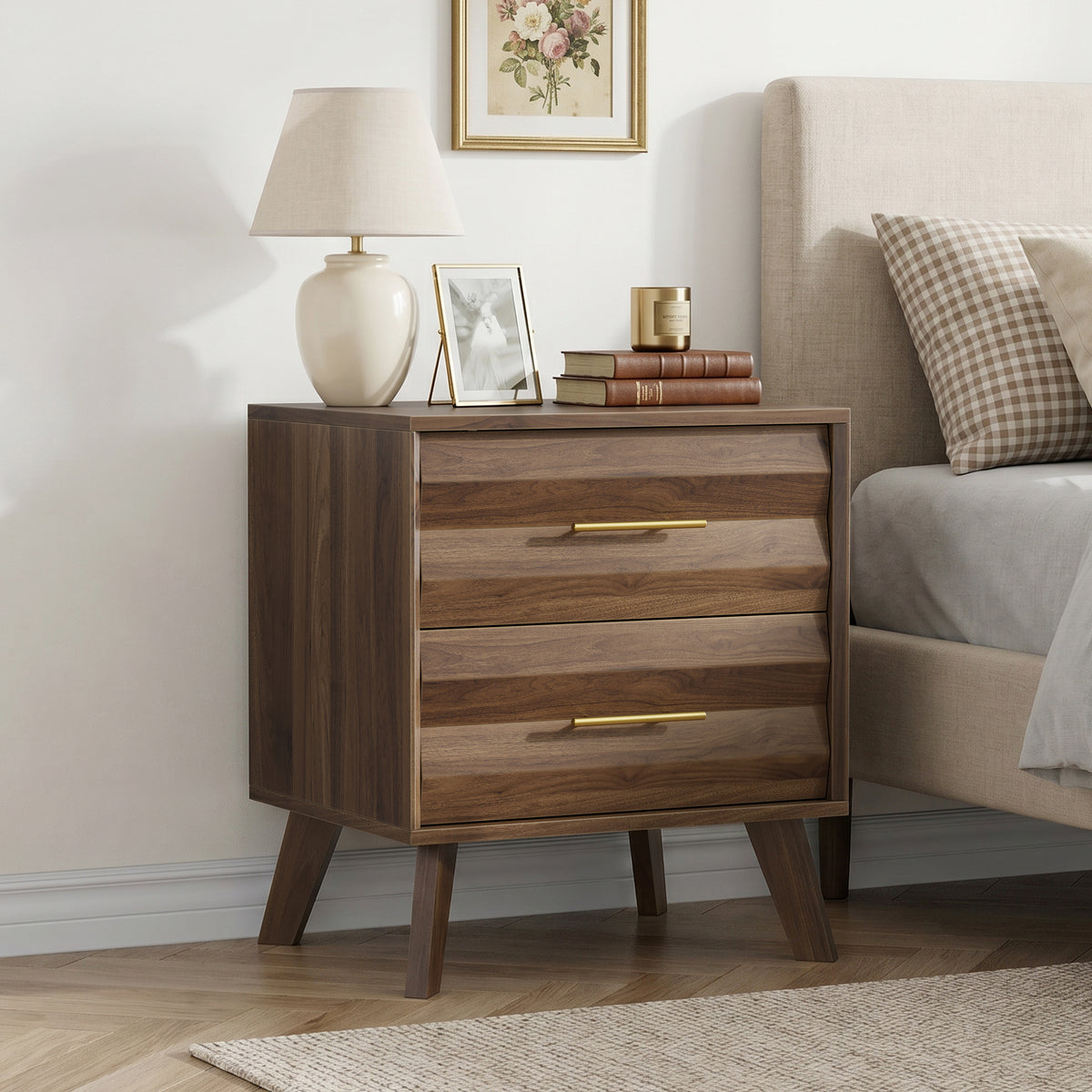 Walnut-Colored Double Drawer Bedside Table, Medieval-Style Modern Bedroom Bedside Storage Cabinet, Bedside Table with Metal Handles, Single Unit