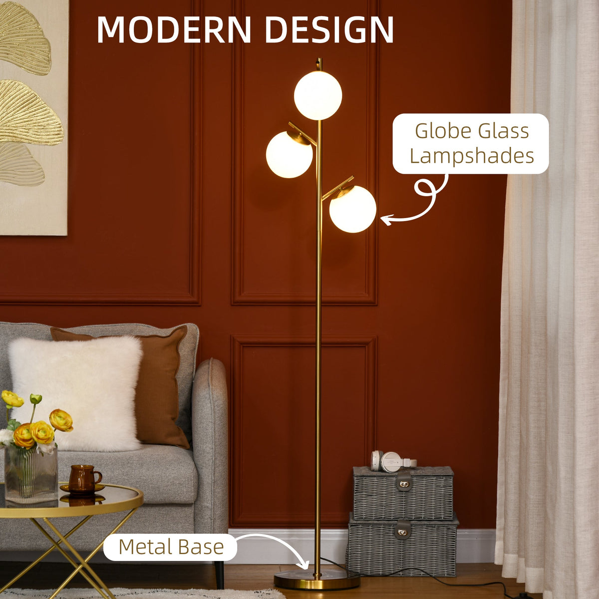 Gold three-globe floor lamp detail
