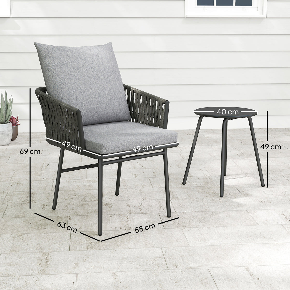 3-Piece Rattan Bistro Set, Garden Table and Chairs with 4 Cushions, Patio Rattan Conversation Furniture Set for Balcony, Porch, Terrace, Grey