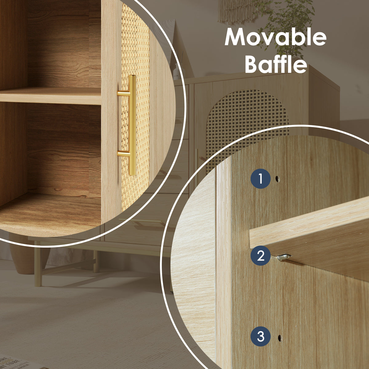 Rattan Sideboard Storage Cabinet with 2 Doors 3 Drawers, Storage Cabinet for Living Room, Bedroom, and Hallway, Metal Handles, Adjustable Shelves, Anti-Tip, 120 X 40 X 74 Cm, Oak