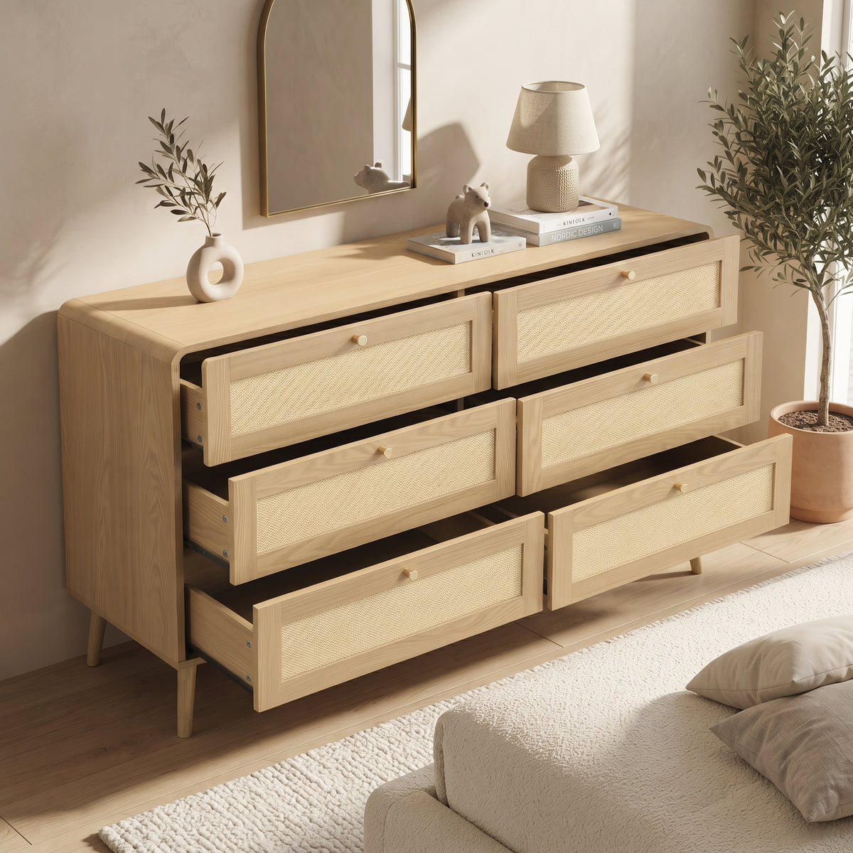 6 Drawer Chest of Drawers, 120Cm Wide Rattan-Effect Dresser with Natural Wood Finish, Spacious Bedroom Storage Cabinet with Rounded Corners & Raised Legs, Natural Oak