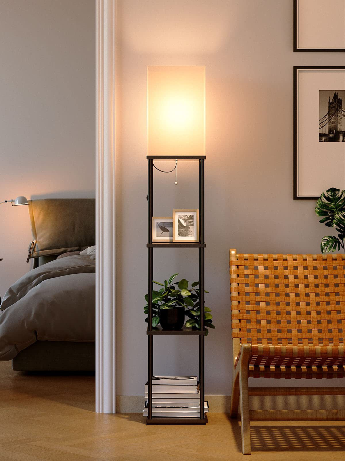 Floor Lamp Free Standing Wood 3-Tier Storage Shelf Reading Bedroom Living Room