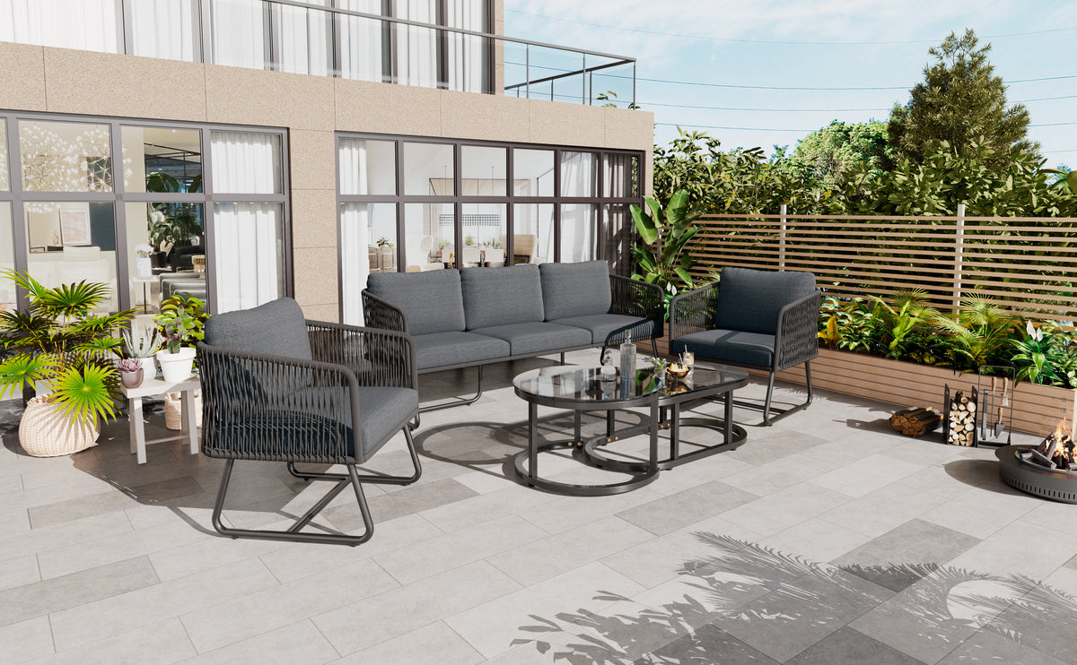 Outdoor Patio&Backyard Furniture Garden Lounge Set, Thick Quality Space Saving Sofas with Glass Coffee Table, Grey