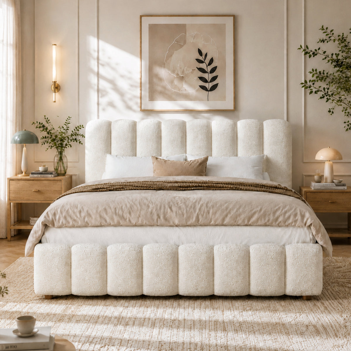 Upholstered Bed, Super King Size Bed, 6Ft-180X200Cm, Hydraulic Functional Bed, Bed with Slatted Frame, Headboard and Large Storage Space, Padded Headboard, White Boucled