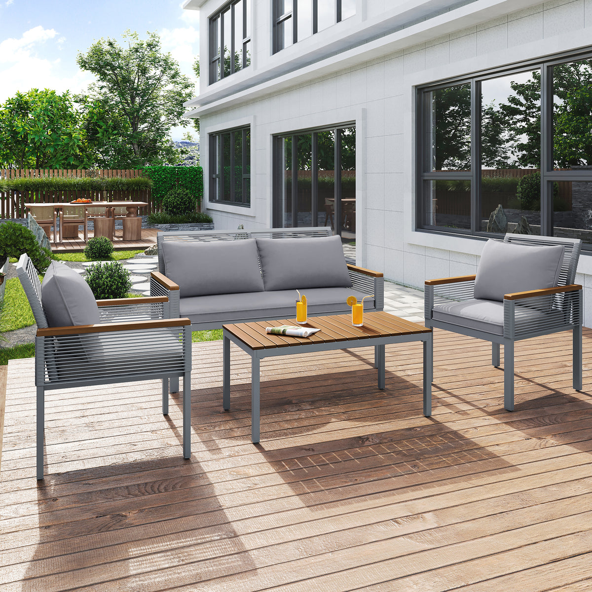 Garden Lounge Set, Garden Furniture Set with Comfortable Cushions, Double Sofa, 2 Armchairs and Table, Outdoor, Rattan, Table and Chairs, Grey