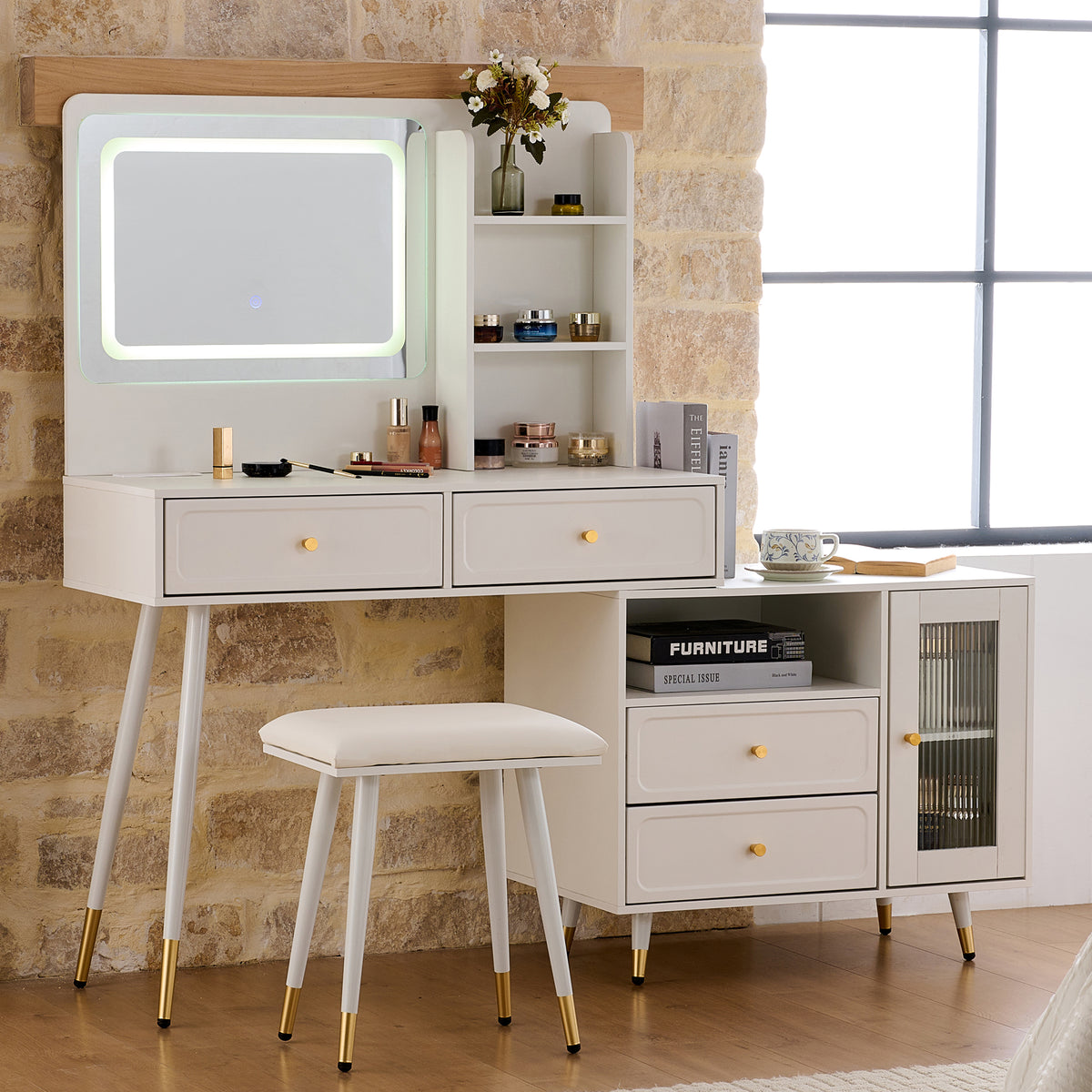 Modern Makeup Vanity Desk with Mirror and Lights, Retractable Dressing Table with Drawers and Cabinet, Compact Makeup Table Set with Power Outlet for Bedroom, White