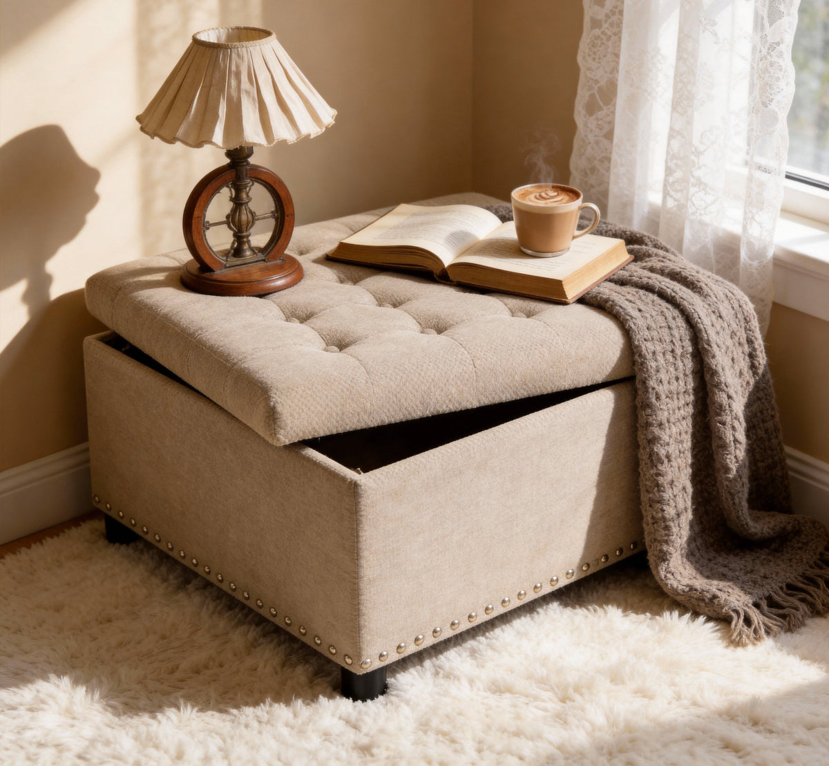 Square Storage Ottoman, Small Space Furniture, Home Decor,Camel