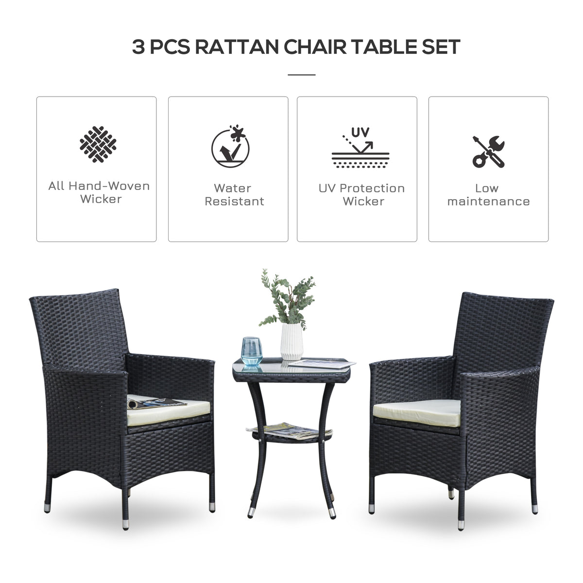 3 Pieces Rattan Bistro Set, Wicker Garden Furniture Set with 2-Tier Coffee Table and Chairs, Cushions, for Outdoor Patio Balcony, Black