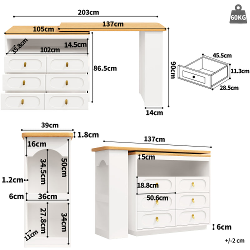 360 Rotating Bar Table Main Body 137 X 39 X 90 Cm, Coffee Bar Furniture, Rotating Dining Bar with Storage, Kitchen Island, with Spice Rack, Six Drawers, Open Storage Space, White