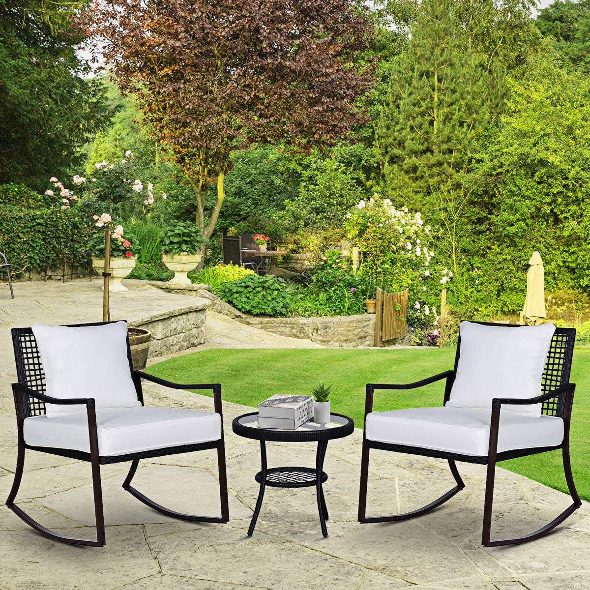 Rattan Bistro Set, 3 Pieces Wicker Garden Furniture Set with Rocking Chairs and round Glass Top Coffee Table, Small Balcony Furniture with Cushions for Outdoor, Porch, Brown