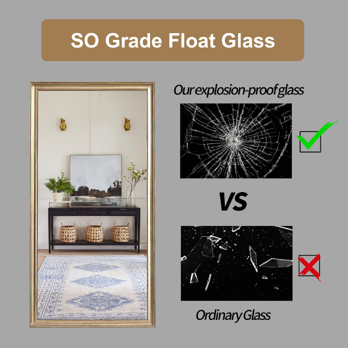 70 X 32 Gold Full Length Floor Mirror with PS Frame, Large Wall Mounted or Leaning Body Mirror for Bedroom, Living Room, Entryway