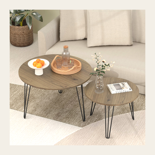 Round Wood-Effect Nesting Tables – Set of 2 – Rovenmere Home