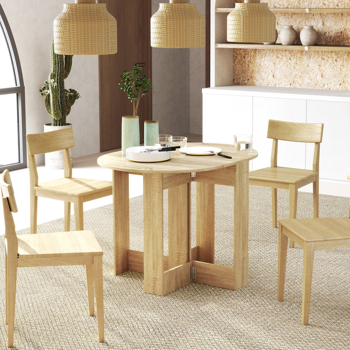 Oak drop-leaf dining table detail