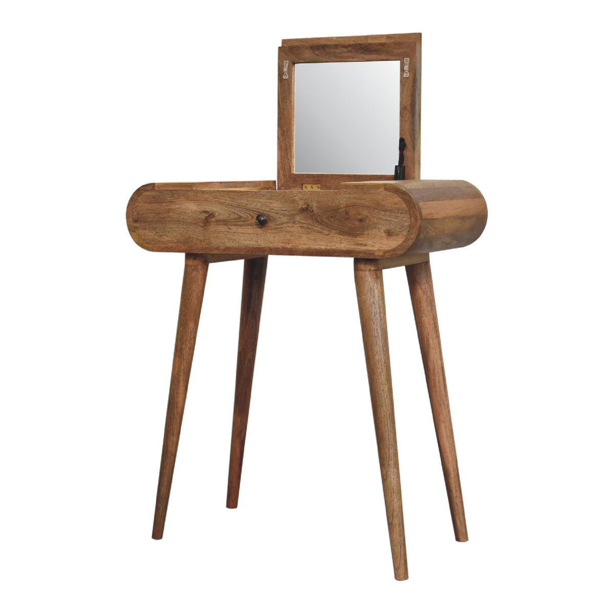 Solid Wood Mini round Dressing Table, 1 Drawer with Storage Compartments, Nordic Legs, Oak-Ish, Brown
