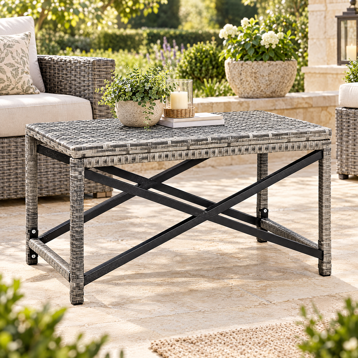 Grey Woven Rattan Outdoor Coffee Table – Rovenmere