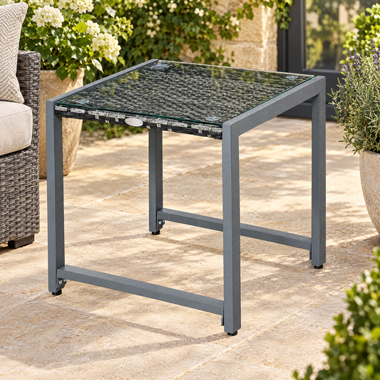 Grey Woven Rattan Garden Side Table – Rovenmere