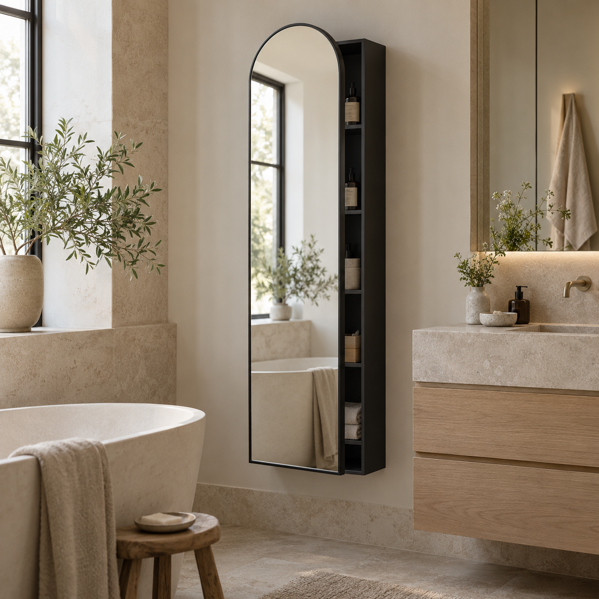 Arched black bathroom mirror cabinet