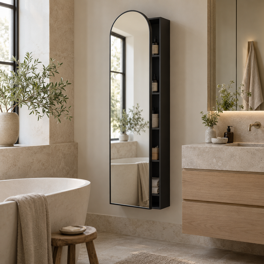 Arched black bathroom mirror cabinet