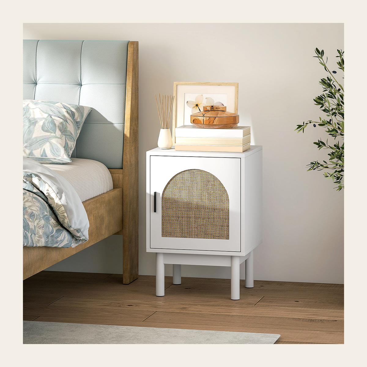 Arched Rattan Bedside Cabinet – White – Rovenmere Home